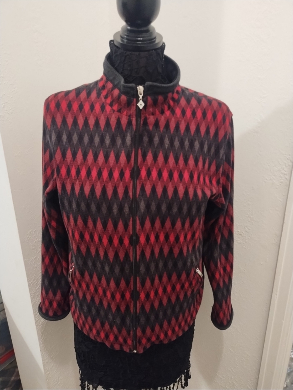 Allison Daley Red and Black Argyle Jacket